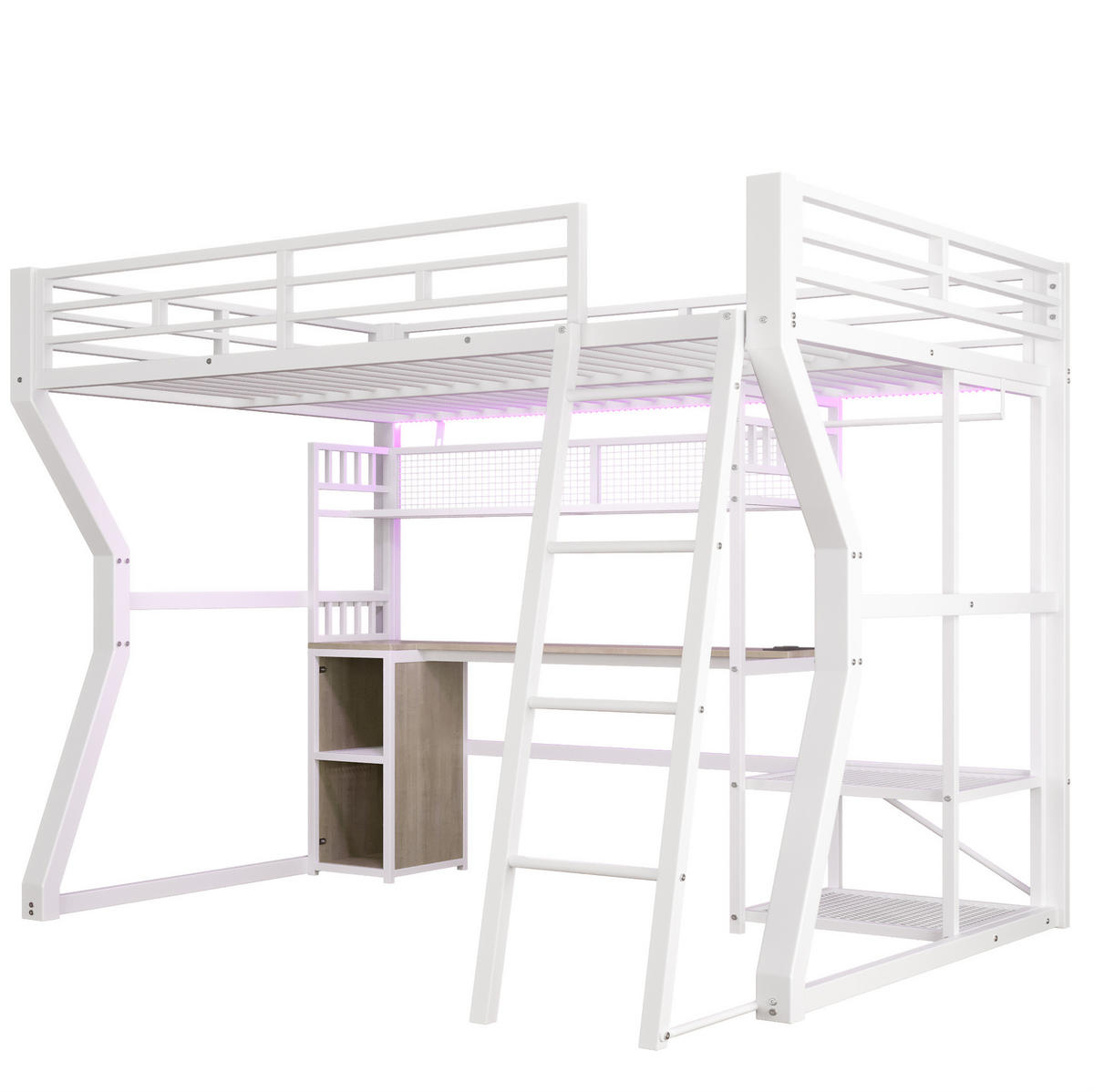 HOCHBETT 140/200 cm, Weiß mit Schreibtisch, Lichtleiste und Steckdose - Weiß, Metall (140/200cm) - MIVRAY