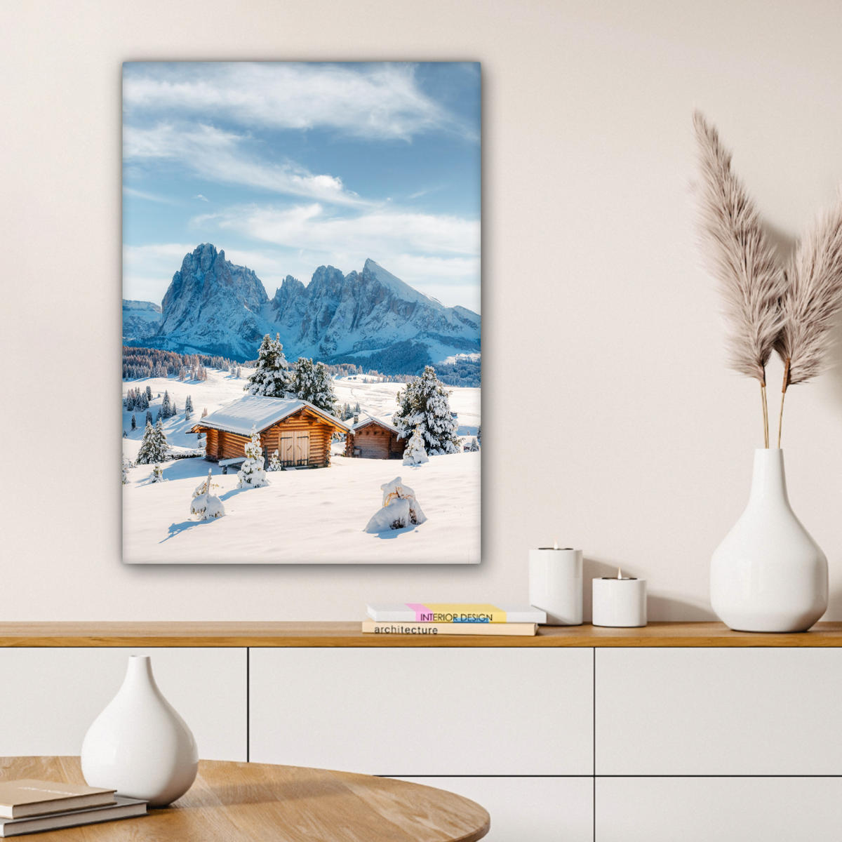 LEINWANDBILD Winter - Hütte - Berge - Aussicht - Schnee Wandbild Wohnzimmer 60x80 cm - Eichefarben, Textil (60/80cm) - MuchoWow
