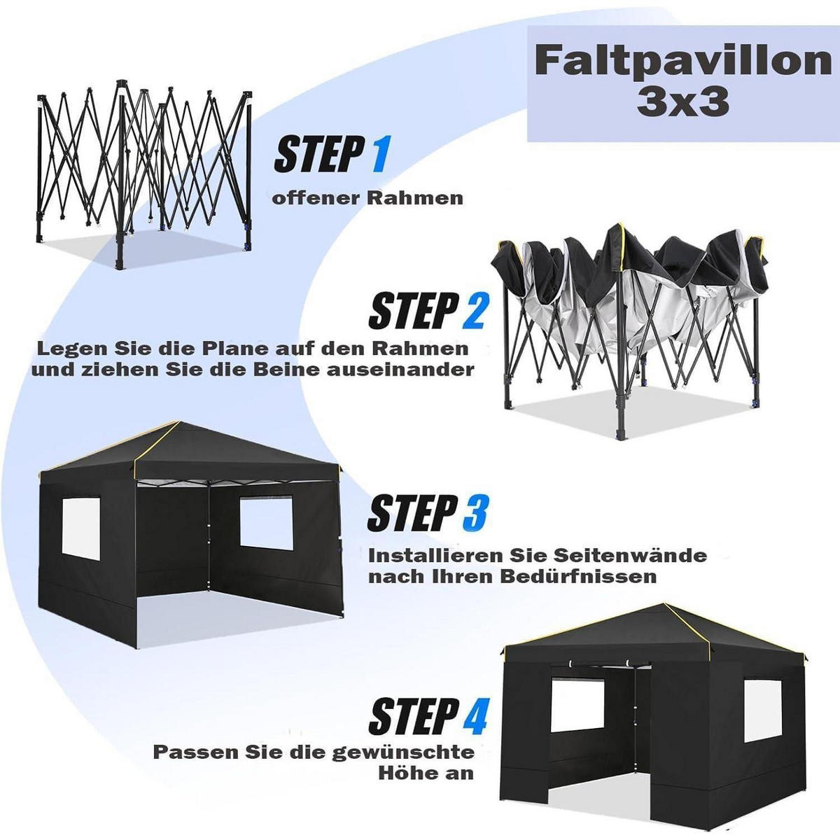 FALTPAVILLON 3x3 m mit 4 Seitenteilen Schwarz - Schwarz, Metall (300/320/300cm)