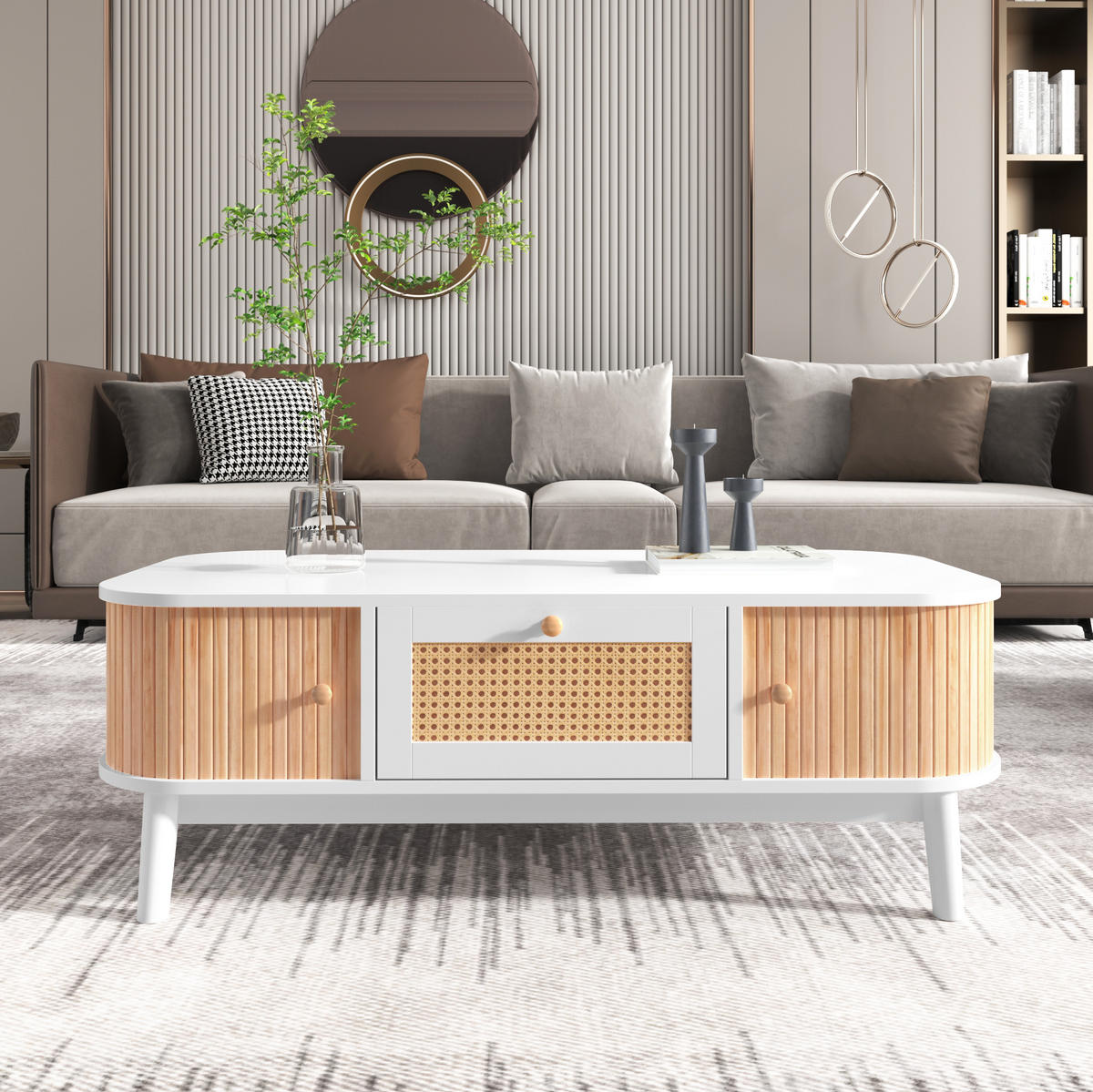 KONFERENČNÍ stolek, 110/55/38,5 cm, MDF bílá/barva dřeva, s úložným prostorem - bílá, kompozitní dřevo (110/55/38.5cm) - BEAOK