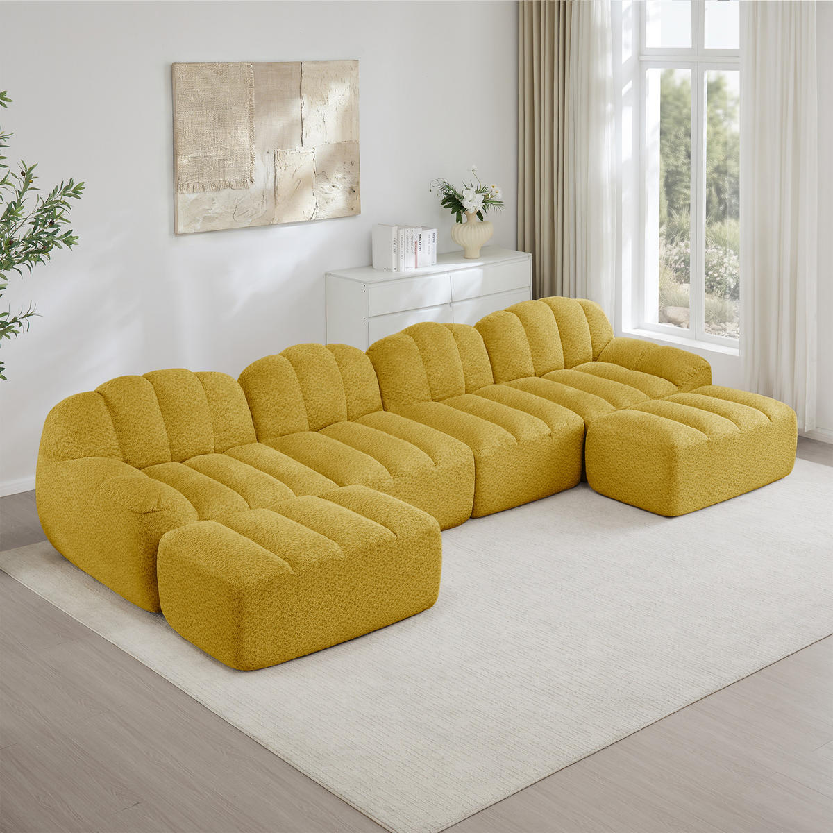 4-SITZER Sofa 366x165x79 cm aus granuliertem Fleece rahmenlos modular mit 2 Ottomans, gelb - Gelb, Textil (165/79/366cm) - Luhomfu