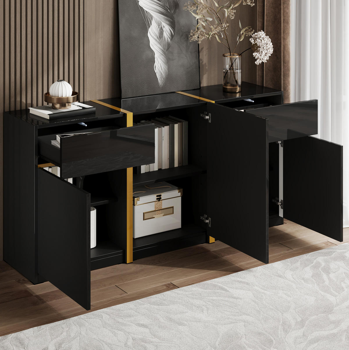 SIDEBOARD 160/40/78 cm in Schwarz Hochglanz mit 3 Türen & 2 Schubladen - Schwarz, Holzwerkstoff (160/78/40cm) - BEAOK