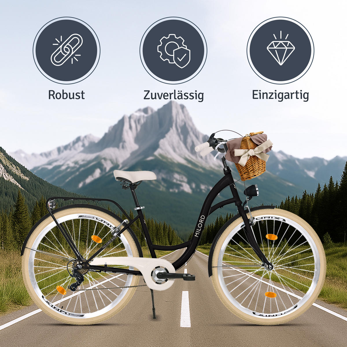 CITY-FAHRRAD Milord mit Weidenkorb, 28 Zoll, Schwarz-Creme, 7-Gang - Creme/Schwarz, Metall (46cm) - Milordbikes