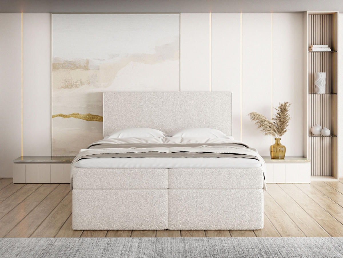 BOXBETT Terra mit Bettkasten, Creme Boucle 120x200 cm – inkl. H3 Matratze und H3 Foam Topper - Beige/Weiß, Holzwerkstoff/Kunststoff (120/200cm) - WFL GROUP