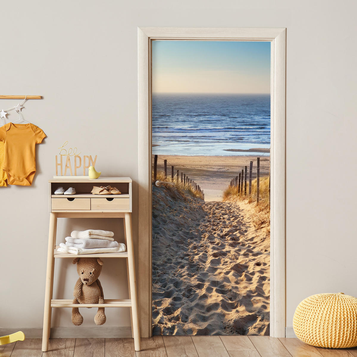 FOTOTAPETE Tür - Strand - Meer - Niederlande - Dünen - Sonne 90x205 cm - Blau, Kunststoff (90/0.1cm) - MuchoWow