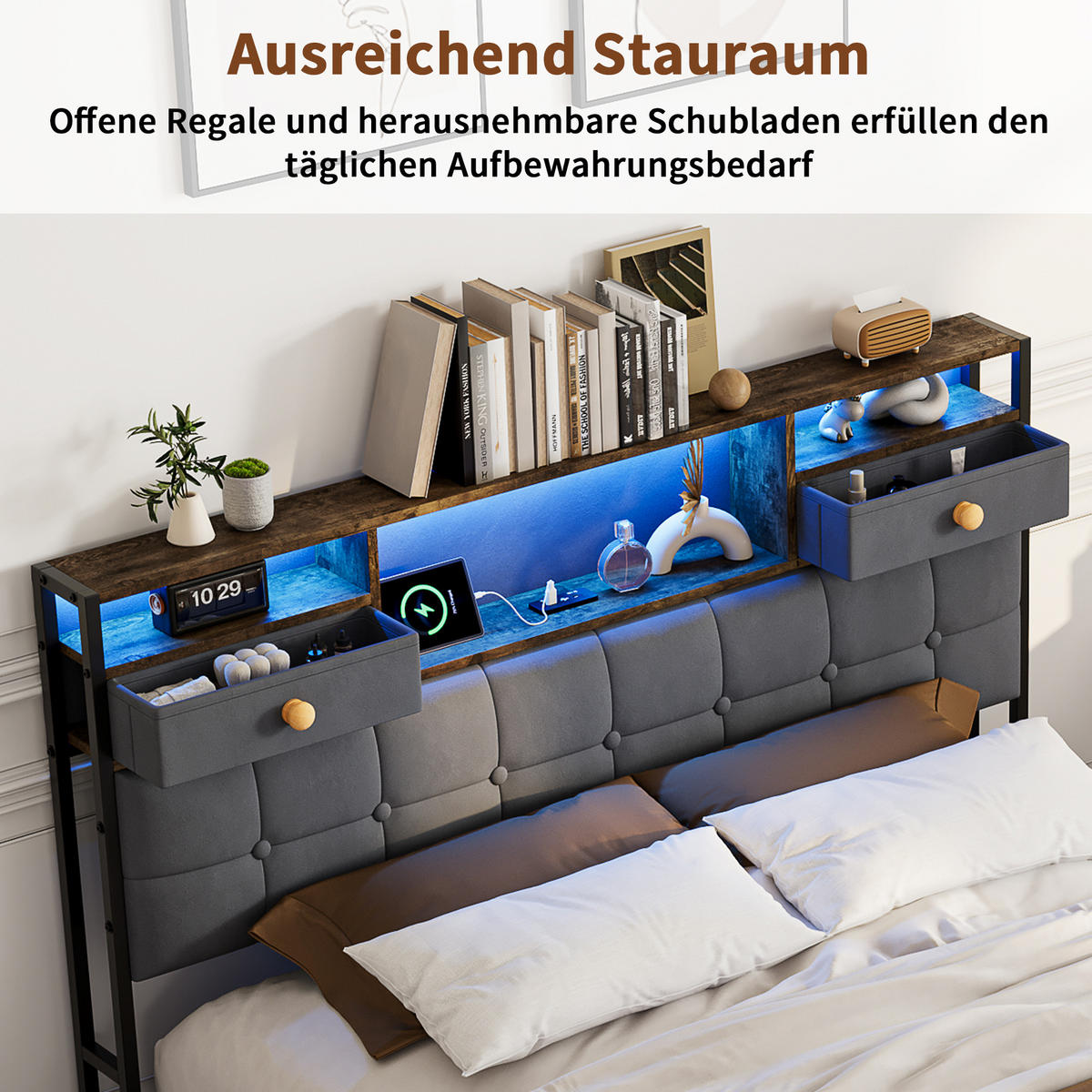 POLSTERBETT 140x200 cm mit 4 Schubladen, LED und USB-/Typ-C-Anschlüsse, Samt in Grau - Grau, Holz (140/200cm) - BRILVERDE