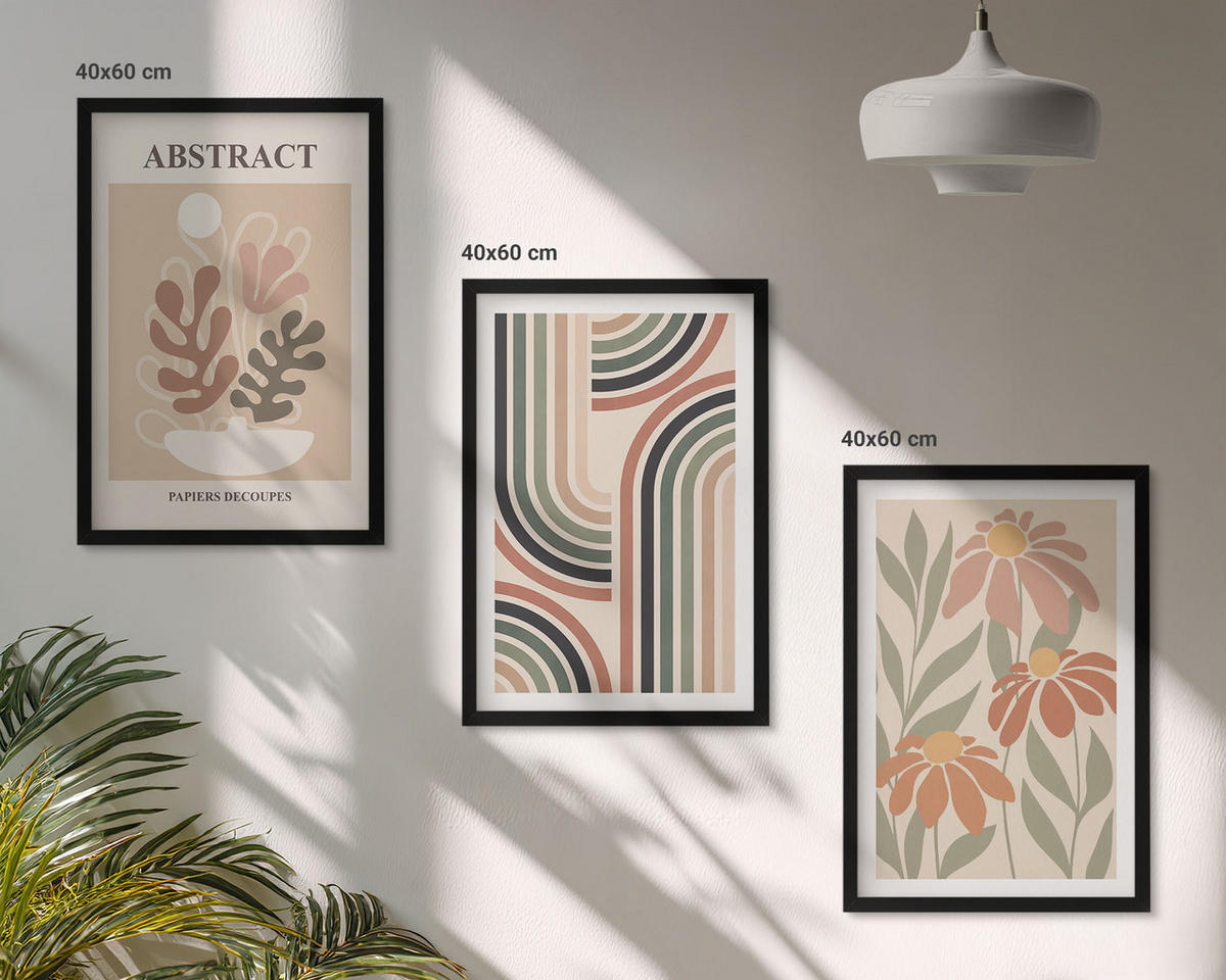 WANDBILDER 3er-Set - 40x60 cm Schwarzer Rahmen - Abstrakte Pflanzen in Pastellfarben - Schwarz, Kunststoff (40/60cm) - ArtPrintCave