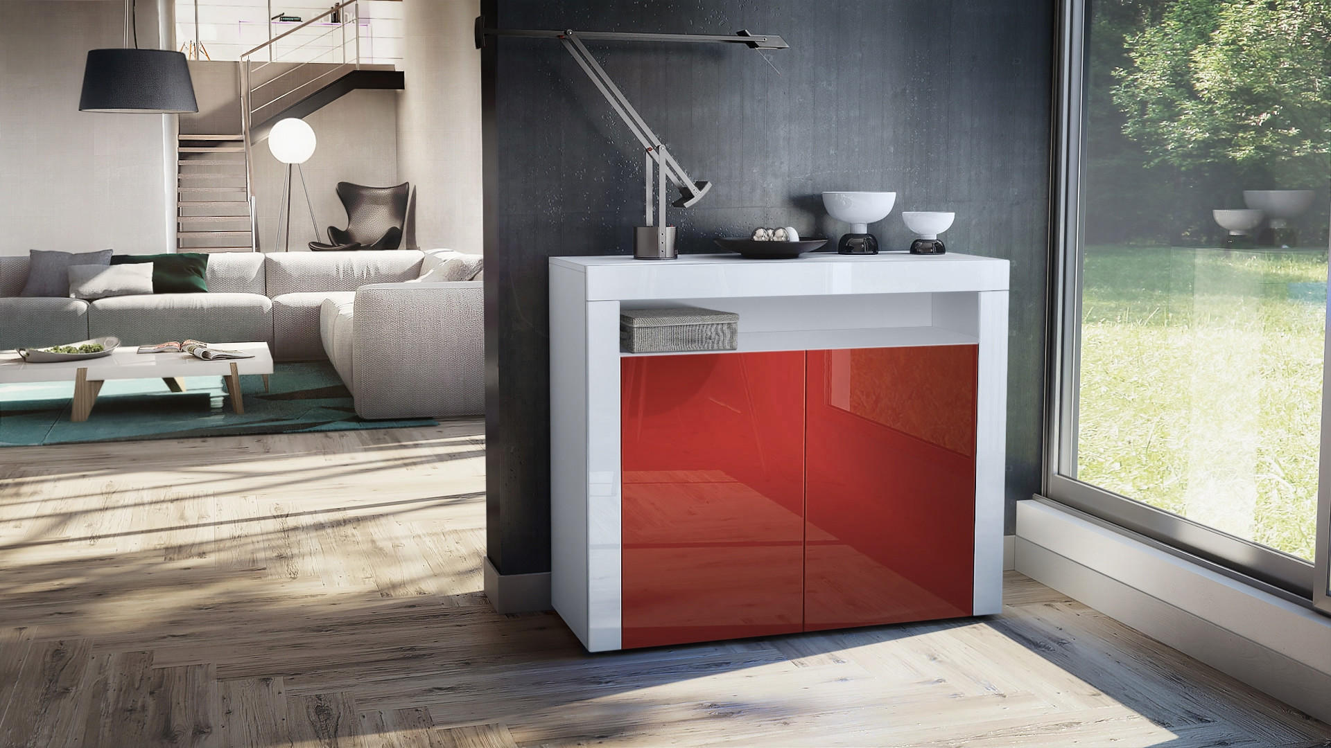 KOMMODE Valencia Bordeaux Hochglanz / Weiß Hochglanz - Bordeaux, Holzwerkstoff (108/92/40cm) - Vladon