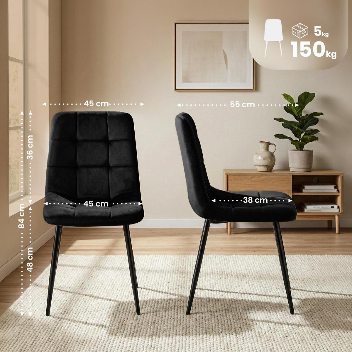 STUHL Samt Schwarz - Schwarz, Textil/Metall (45/84/55cm) - CLP