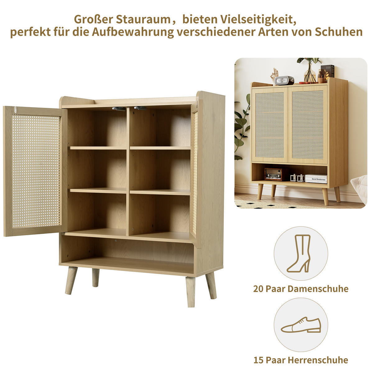 SCHUHSCHRANK 80/35/105 cm aus Spanplatte mit 2 Türen, 5 Regalböden und Push-to-Open, Eiche hell - Naturfarben, Holzwerkstoff (80/105/35cm) - Redom