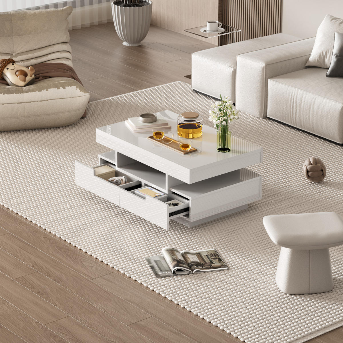 COUCHTISCH, Weiß Hochglanz auf Spanplatte, integrierte LED, 4 Schubladen & 3 offene Fächer, 80/50/36 cm, Weiß - Weiß, Holzwerkstoff (80/50/36cm) - Redom