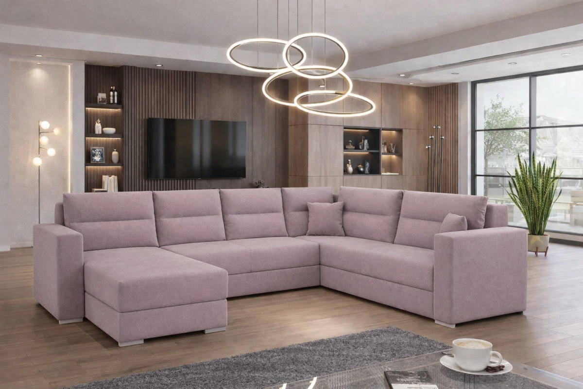 WOHNLANDSCHAFT CAPTAIN U-Form 314 cm mit hochwertigem Federkern, Schlaffunktion, Bettkasten und Ottomane links/rechts - Schwarz/Rosa, Kunststoff (314/90/217cm) - Wohnideebilder