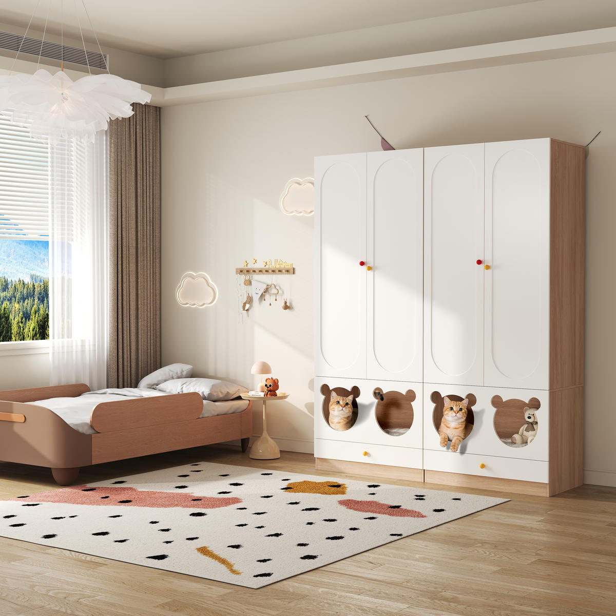 KINDER-KLEIDERSCHRANK 80x50x200cm Weiß + Natur mit Katzenbett Keramikgriffe - Multicolor, Holz (50/200/80cm) - FLIEKS