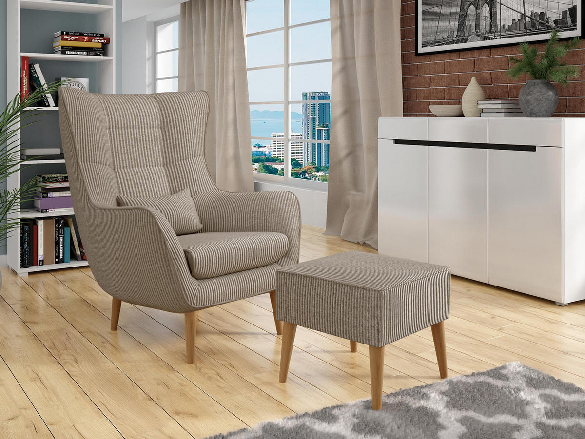 SESSEL Estjano Cord mit Fußbank - Hellbraun/Beige, Holz (80/106/95cm) - MIRJAN24