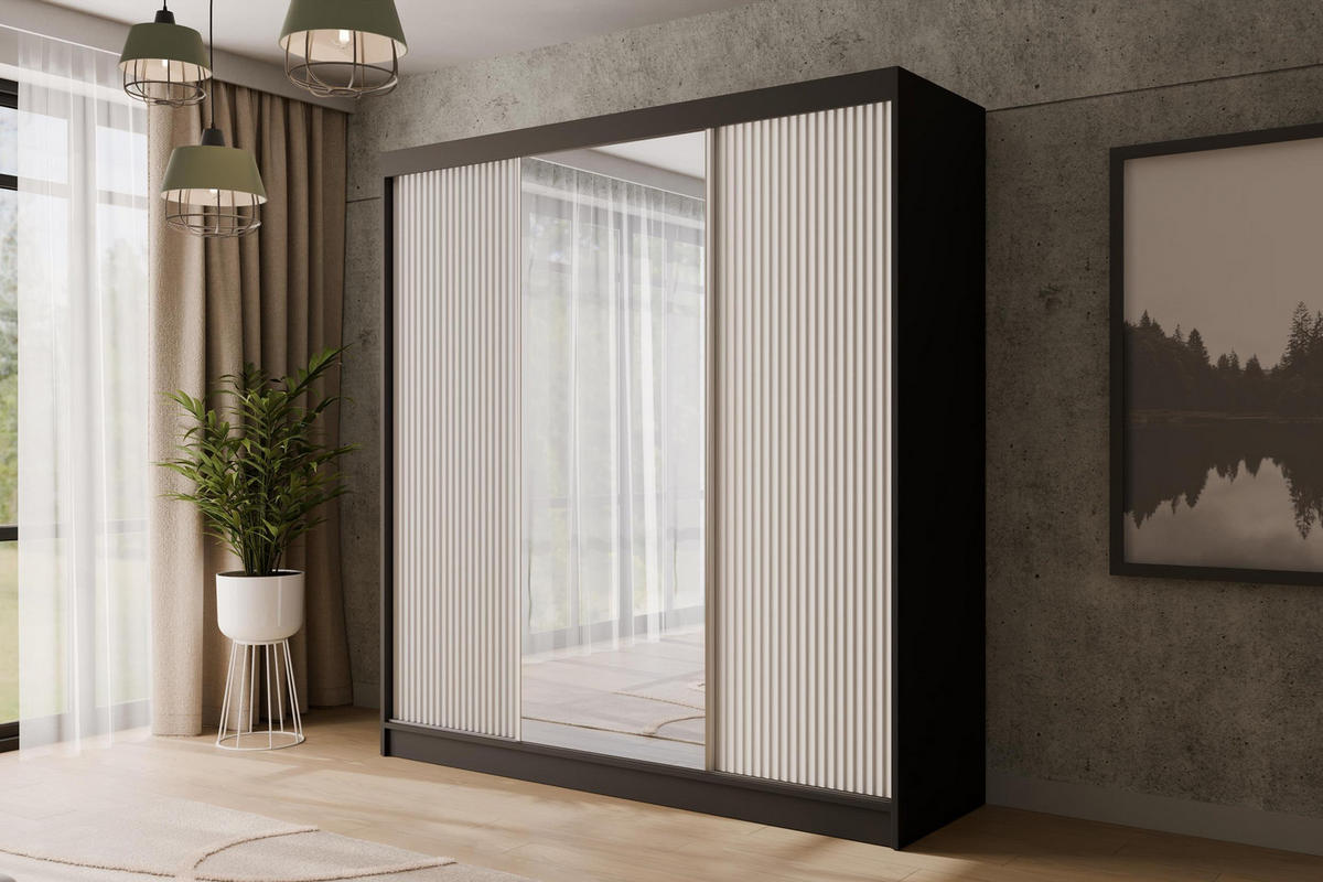 KLEIDERSCHRANK mit Spiegel V2-PRESTIG 215x200 cm - Schwarz|Weiß - Schwarz/Weiß, Holzwerkstoff (200/215/61cm) - ALTDECOR