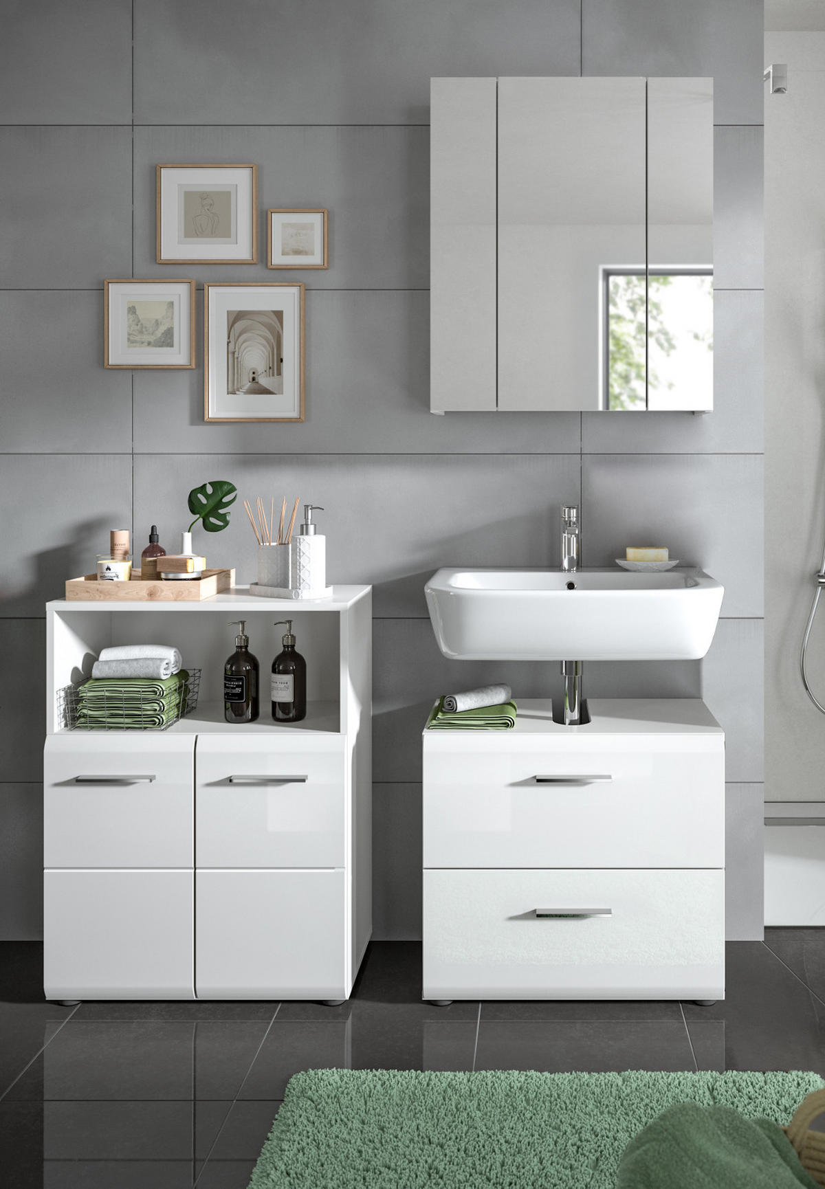 BADMÖBEL-SET weiß Hochglanz 3-teilig 135 cm, Badmöbel mit viel Stauraum - Weiß Hochglanz/Silberfarben, Glas/Holzwerkstoff (135/185/30cm) - Inn.Furn