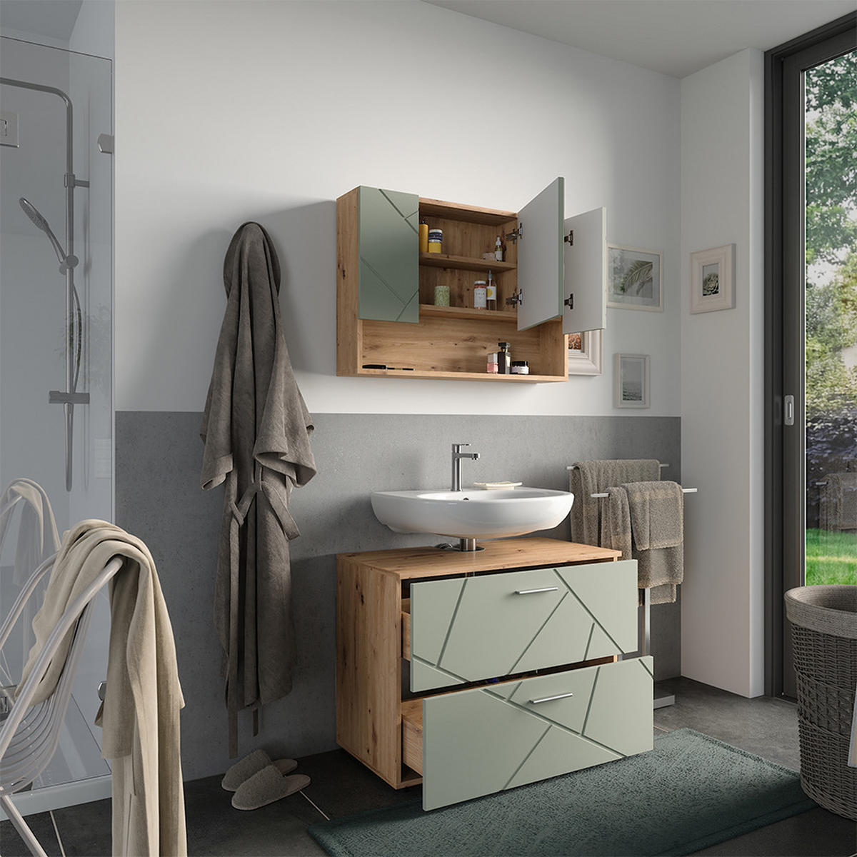 BADMÖBEL-SET Irma Salbeigrün 2 Teile - Salbeigrün, Holzwerkstoff (80/58.6/41cm) - Vicco