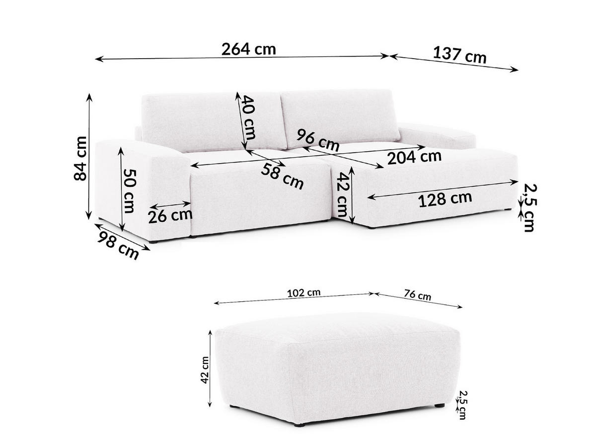 ECKSOFA inkl. Hocker Lennon aus Creme Strukturstoff mit Schlaffunktion und Bettkasten - Creme/Schwarz, Holz/Kunststoff (264/137cm) - S-Style
