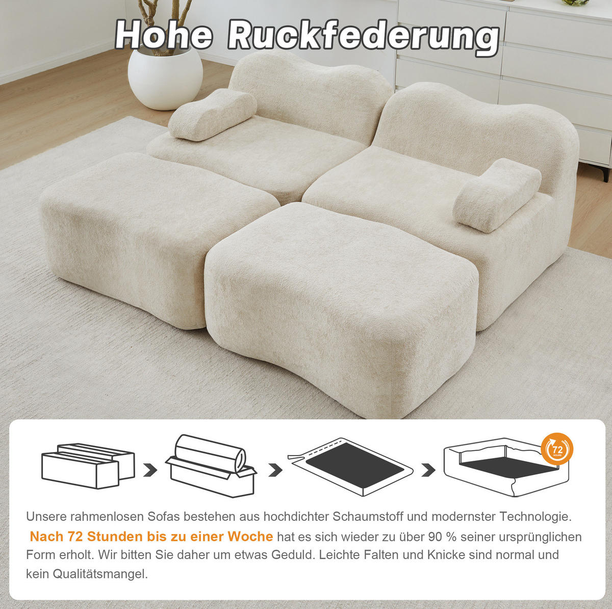 SOFA 192/167/70 cm in Beige aus Samt mit Hockern - Beige, Textil (167/70/192cm) - Flora Grace