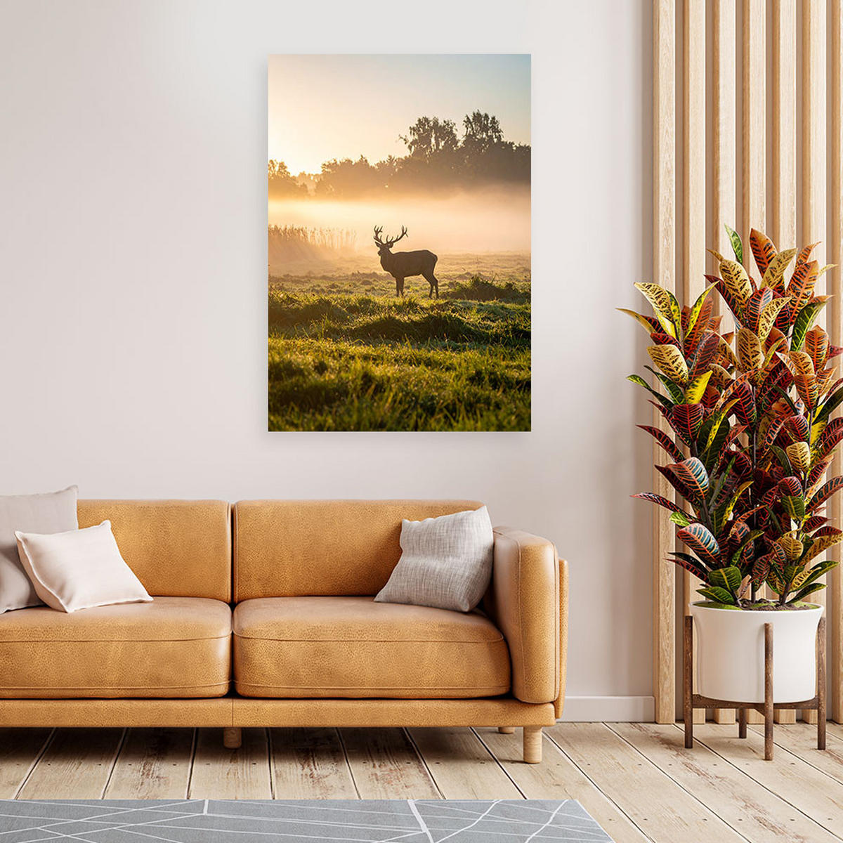 LEINWANDBILD Hirsch in der Brunft im Nebel 70x100cm - Beige, Textil (70/100cm) - Feeby