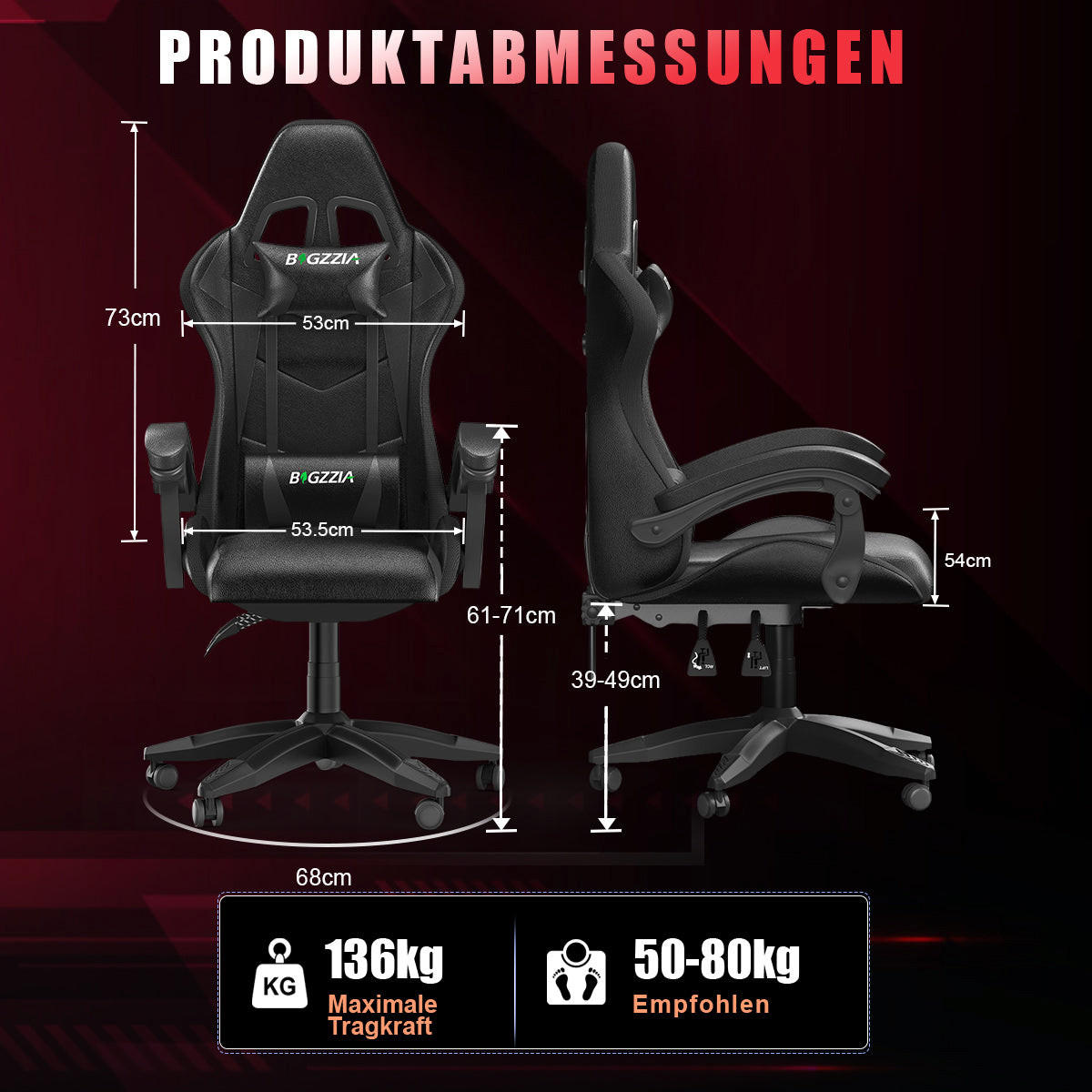 GAMING-STUHL LED, höhenverstellbar, Lenden- & Kopfstütze – Schwarz - Schwarz, Leder (53.5/117/54cm) - Rattantree