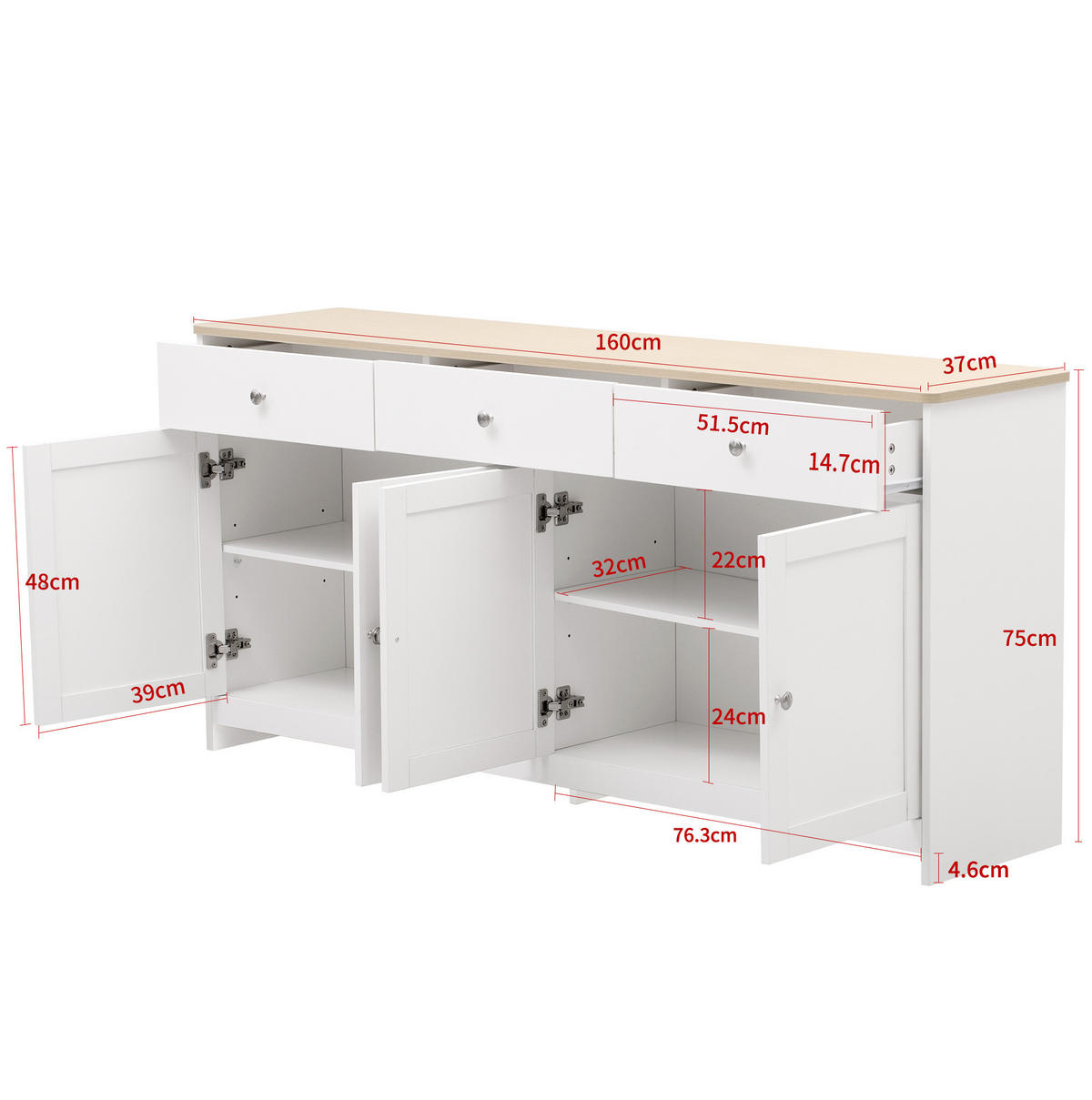 SIDEBOARD 160/37/75 cm aus MDF mit 3 Schubladen und verstellbaren Einlegeböden Weiß/Holzfarben - Weiß, Holzwerkstoff (160/75/37cm) - Modenvie