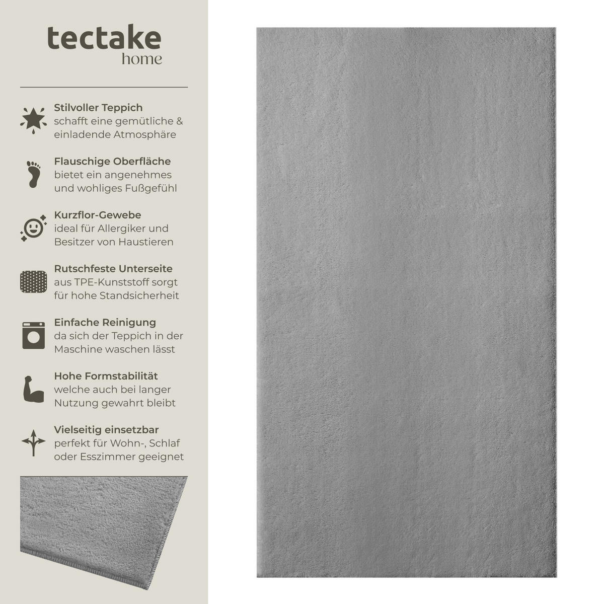 KURZFLORTEPPICH Soft Zone,rutschfeste Unterseite,grau - Grau, Kunststoff (110/60cm) - tectake