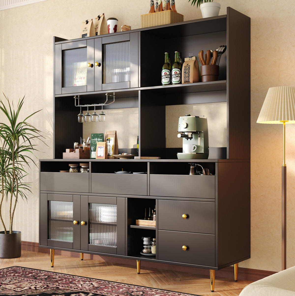 ANRICHTE Esszimmer-Hochschrank 145/39/171 cm aus MDF mit Changhong-Glastüren und Weinregal Schwarz - Schwarz, Holzwerkstoff (145/171/39cm) - Modenvie