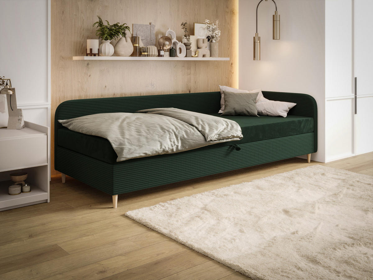 BOXBETT MIKO 100x200 mit Matratze H3, Bonell und Topper RIVIERA 38+LINCOLN 39 - Grün, Textil (100/200cm) - Bedante