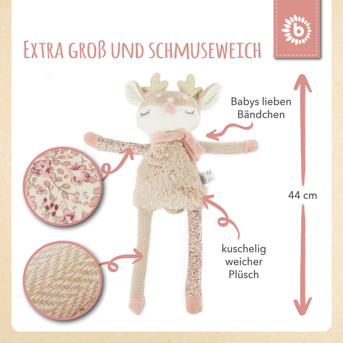 KUSCHELTIER Großes Reh - ab Geburt - Rosa, Textil (14/44cm) - Bieco Spielwaren