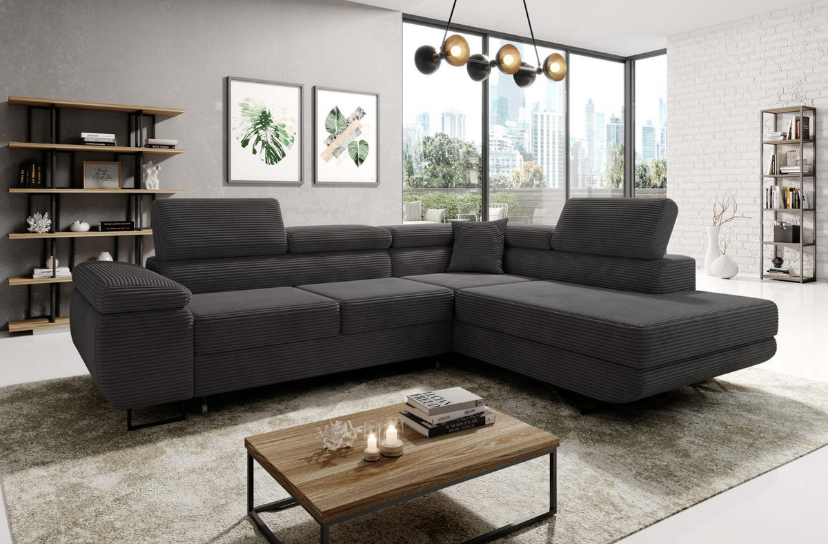ECKSOFA ASTORP, Sofa aus Cord Graphit - Poso 34 - Anthrazit/Silberfarben, Textil/Metall (277/203cm) - Moderno Meble