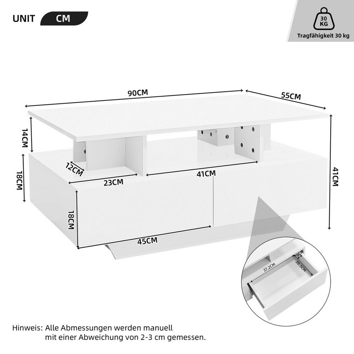 COUCHTISCH 90x55cm Weiß Hochglanz LED 2 Schubladen Stauraum 30kg Belastbar - Weiß, Holz (101.98/65.51/14.99cm) - FLIEKS
