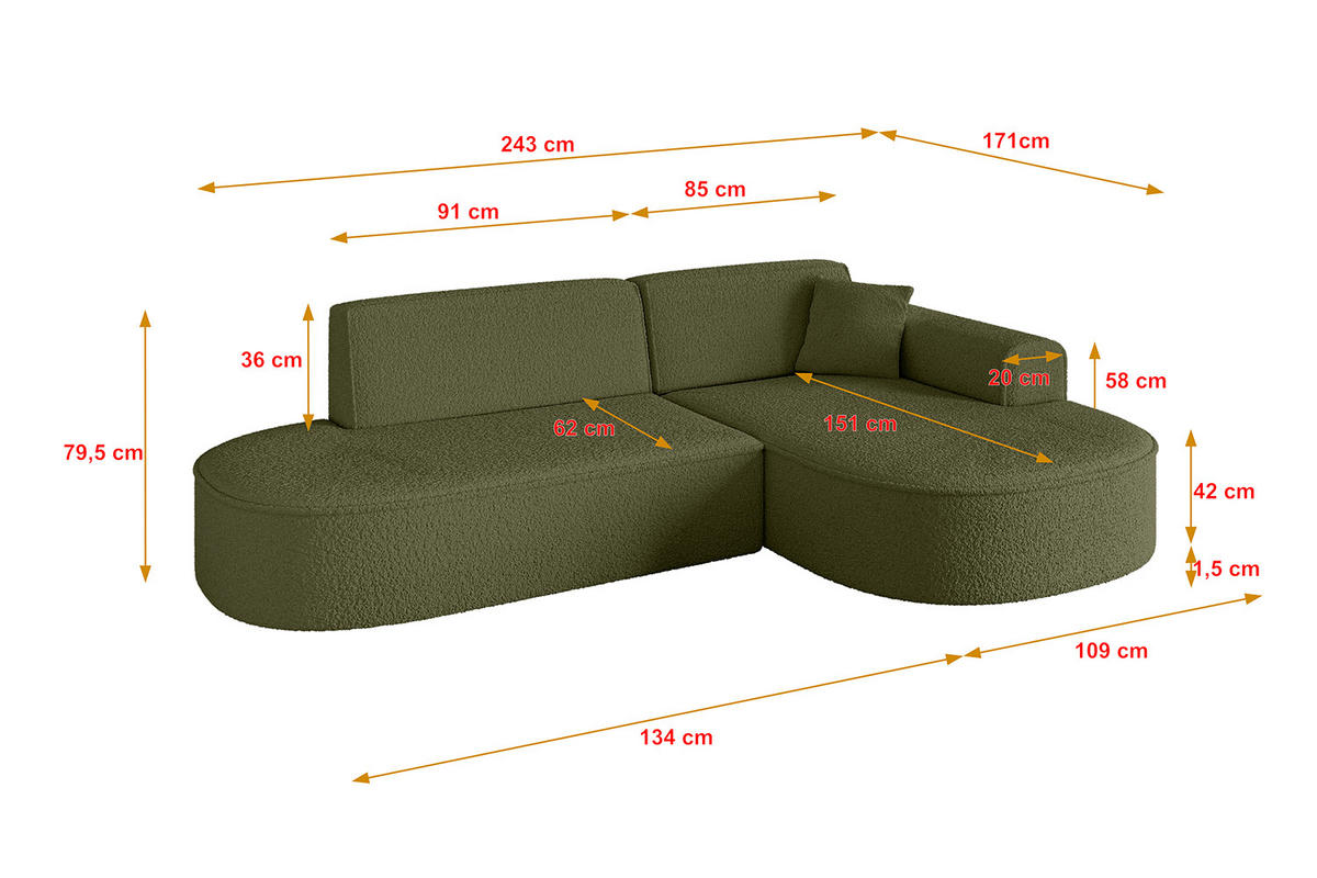 ECKSOFA Ottomane Rechts MARI-L1 - 243x171x79 cm Grün Bouclé - Schwarz/Grün, Holzwerkstoff/Kunststoff (234/163cm) - ALTDECOR