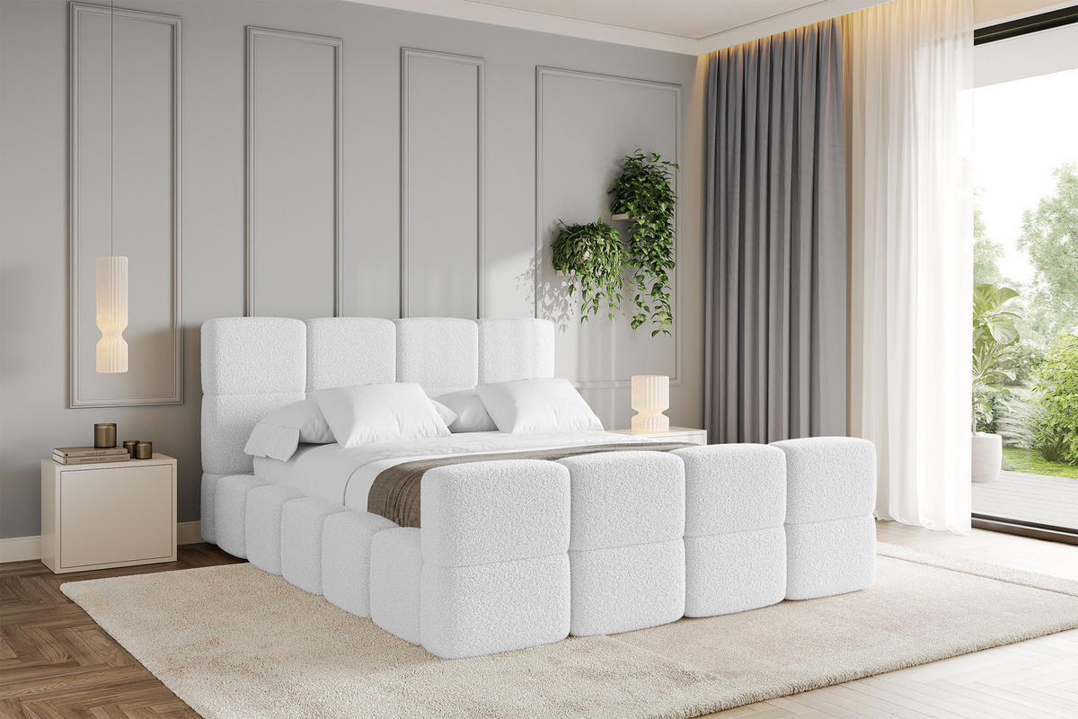 POLSTERBETT mit Bettkasten und Lattenrost mit Matratze H3/H4, Kopfteil, Boxbett, mit Stauraum - NATA-Z 160x200 Weiß - Weiß, Holzwerkstoff/Textil (160/200cm) - ALTDECOR
