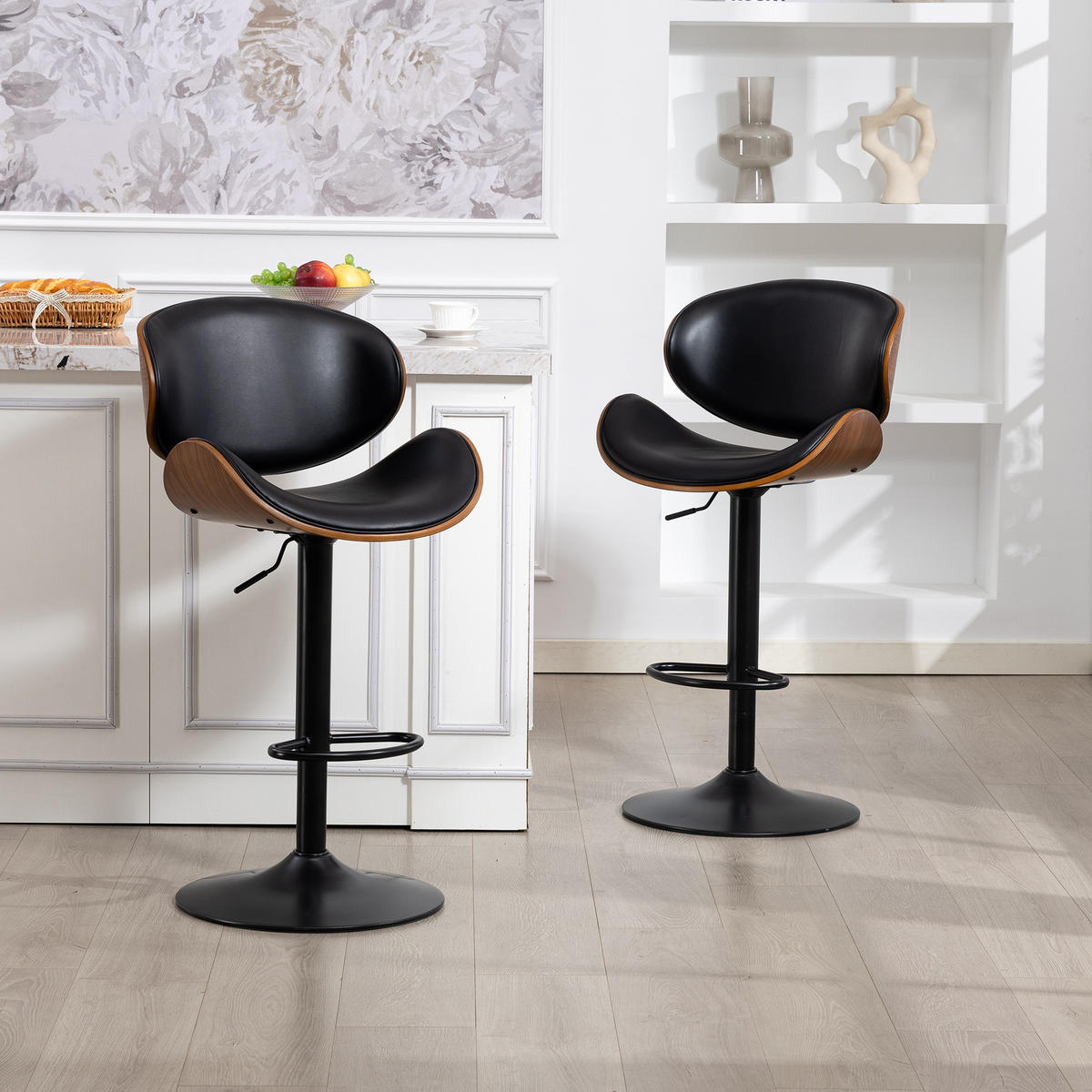 BARHOCKER 2er-Set drehbar, höhenverstellbar mit PU-Sitz, Schwarz - Schwarz, Kunststoff (51/93/50cm)