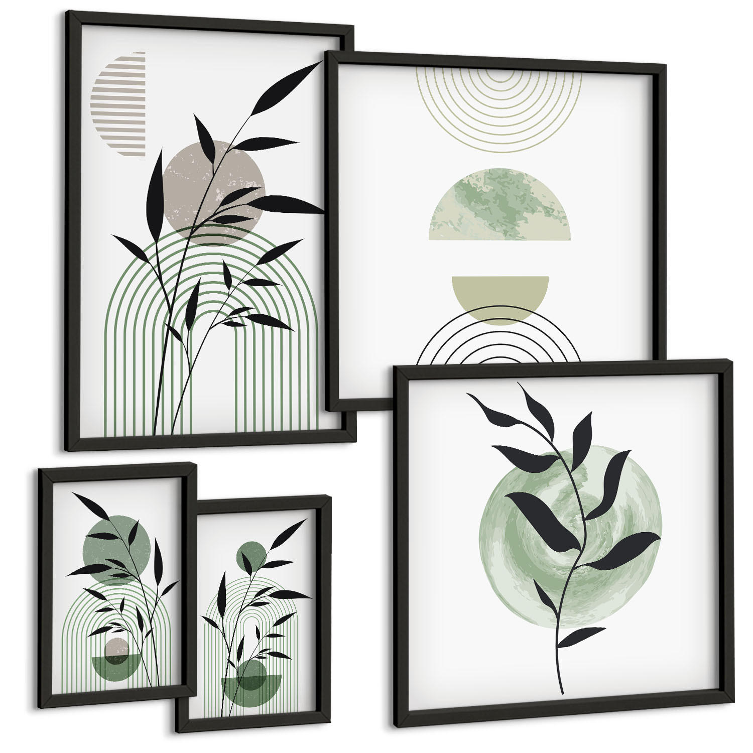 BILDER SET 5er Set - 50x50 cm & 20x30 cm & 40x60 cm Schwarzer Rahmen - Boho-Pflanzenkompositionen - Schwarz, Kunststoff (40/60cm) - TULUP