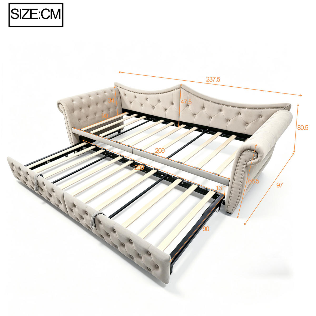 AUSZIEHBETT 90/180/200 cm mit USB und LED, DE-41723, in Beige - Beige, Metall (90/200cm) - ComfortXL