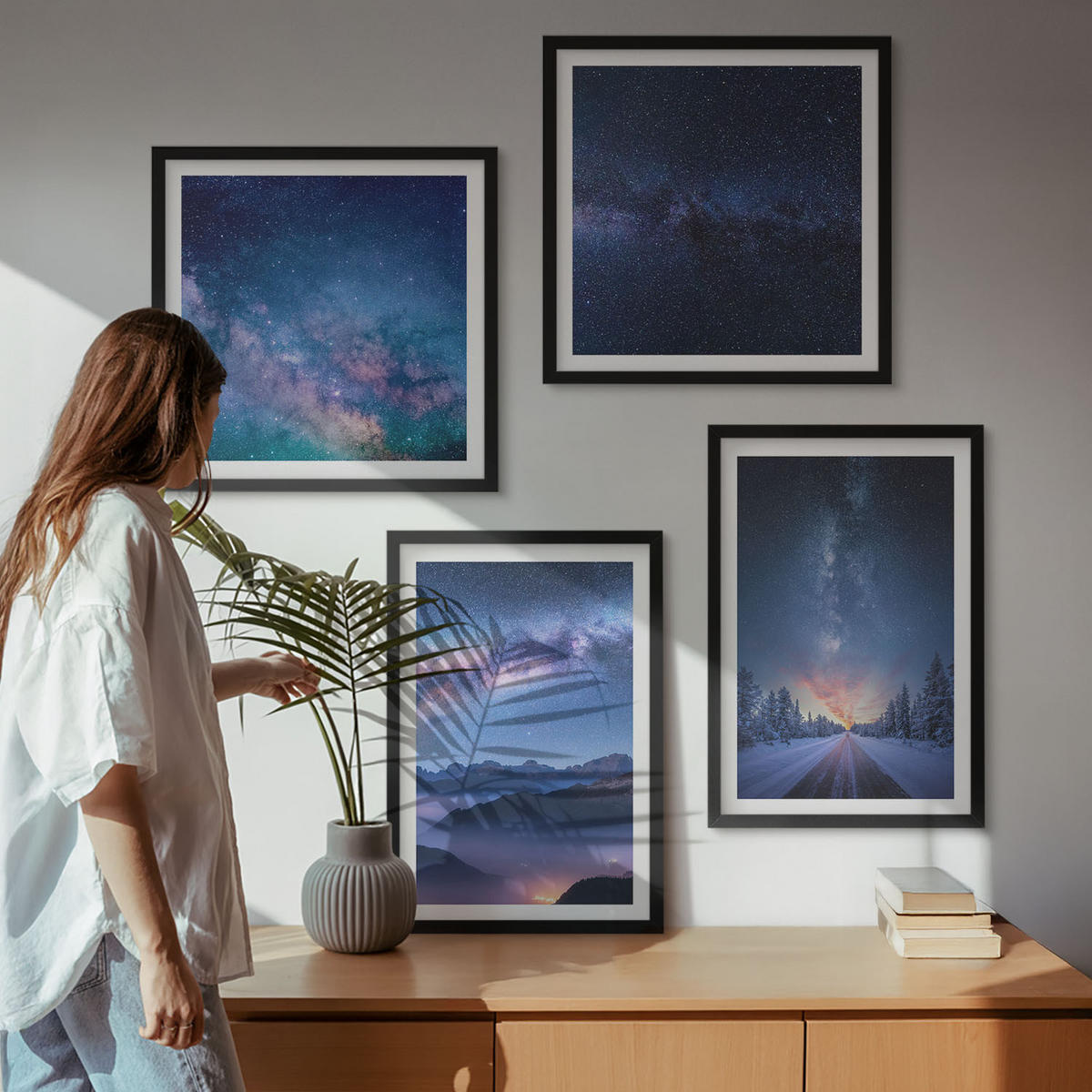 BILDER SET 4er Set - 50x50 cm & 40x60 cm Schwarzer Rahmen - Nachthimmel, Berge, Winter, Weltraum - Schwarz, Kunststoff (50/50cm) - TULUP