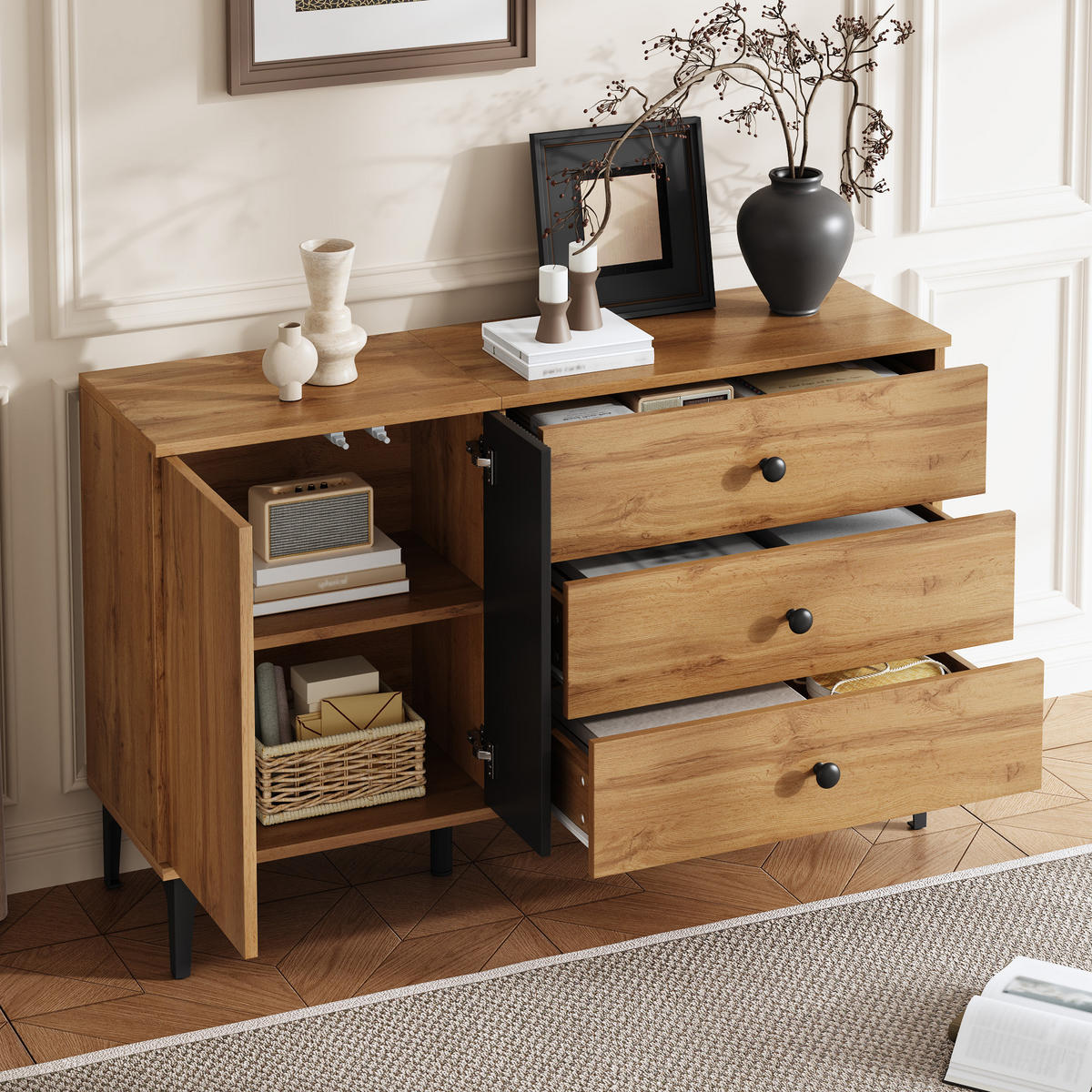 SIDEBOARD DE-37526 120/35/76 cm mit 1 Tür und 3 Schubladen Natur/Schwarz - Naturfarben, Holzwerkstoff (120/76/35cm) - ComfortXL