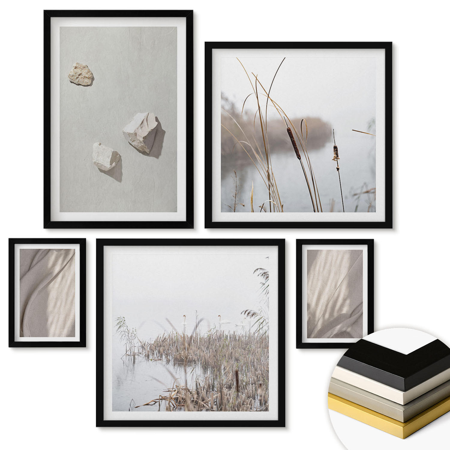 WANDBILDER 5er-Set - 50x50 cm & 20x30 cm & 40x60 cm Schwarzer Rahmen - Nahaufnahmen der Struktur im Boho-Stil - Schwarz, Kunststoff (40/60cm) - ArtPrintCave