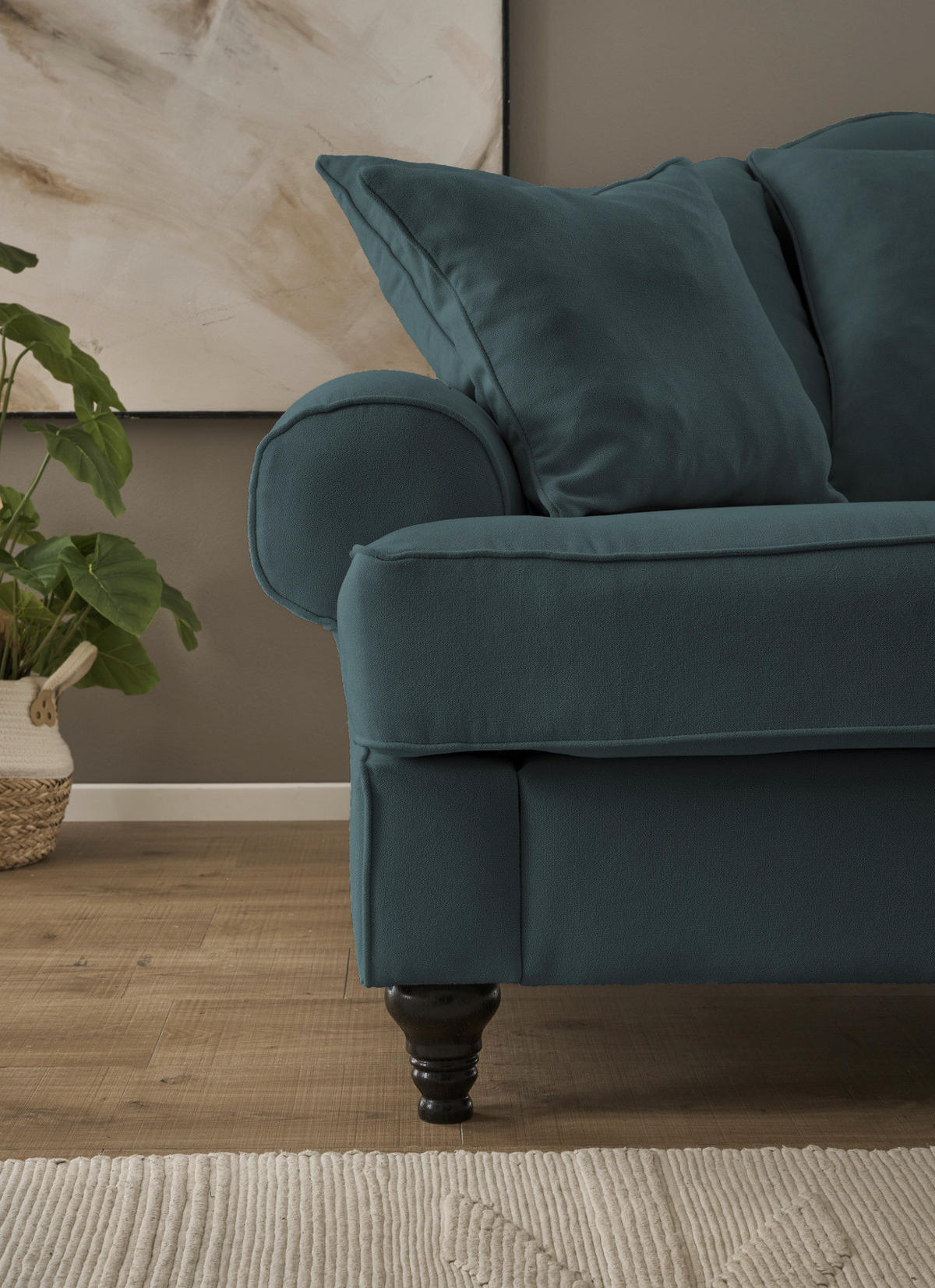 SOFA blaugrün Landhaus, Couch 3,5-Sitzer 230 cm - Dunkelgrün, Holz/Textil (230/95/100cm) - Furn.Design