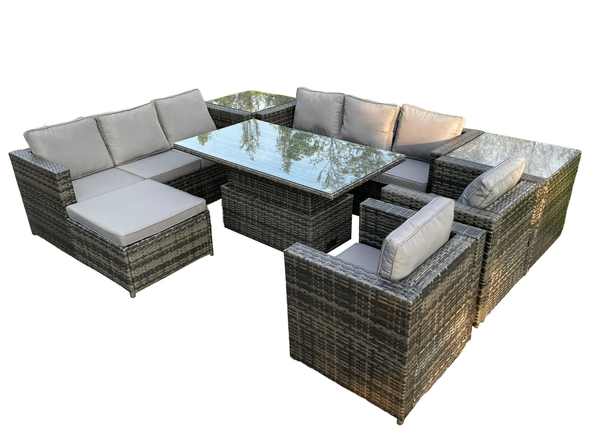 GARTENSET Polyrattan 9-Sitzer - Dunkelgrau/Grau, Glas/Kunststoff - Fimous