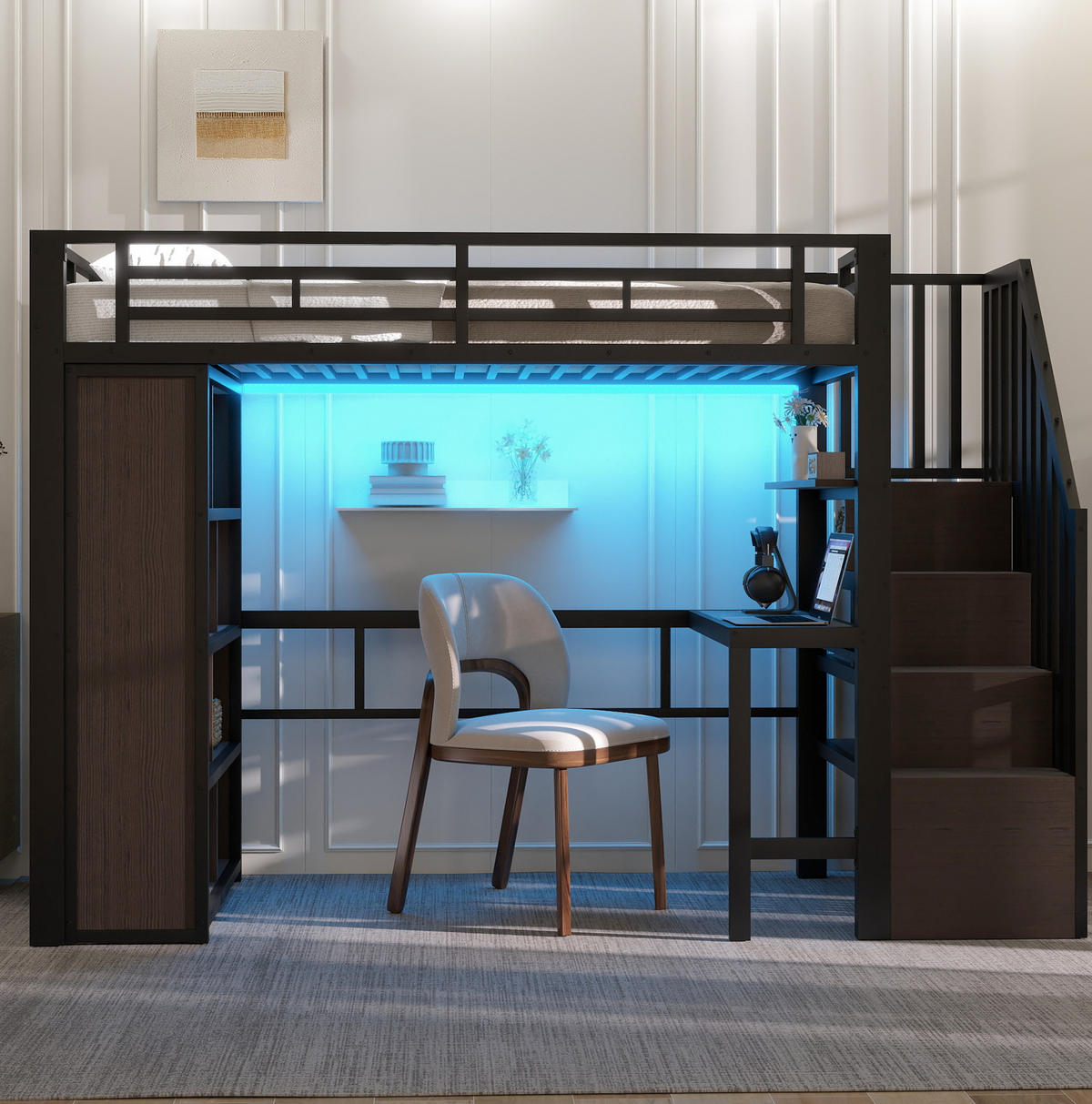 HOCHBETT 90/200 cm in Schwarz – mit Schreibtisch, Stauraumtreppe und LED - Schwarz, Metall (90/200cm) - BEAOK