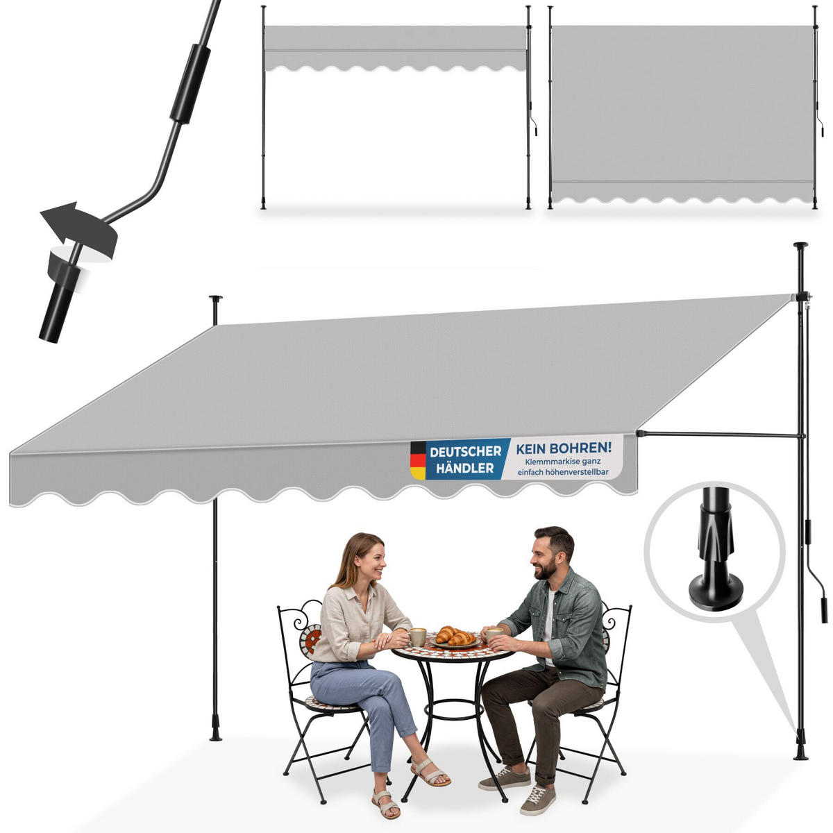 KLEMMMARKISE MIT HANDKURBEL , wasserabweisend, hellgrau - Hellgrau, Textil (350/304/180cm) - tectake