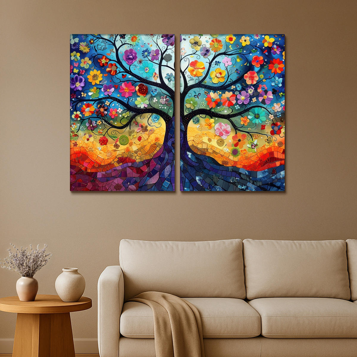 LEINWANDBILD 2er Set Bunt - Baum des Lebens - Blumen - Abstrakt 120x90 cm - Blau, Textil (120/90cm) - MuchoWow