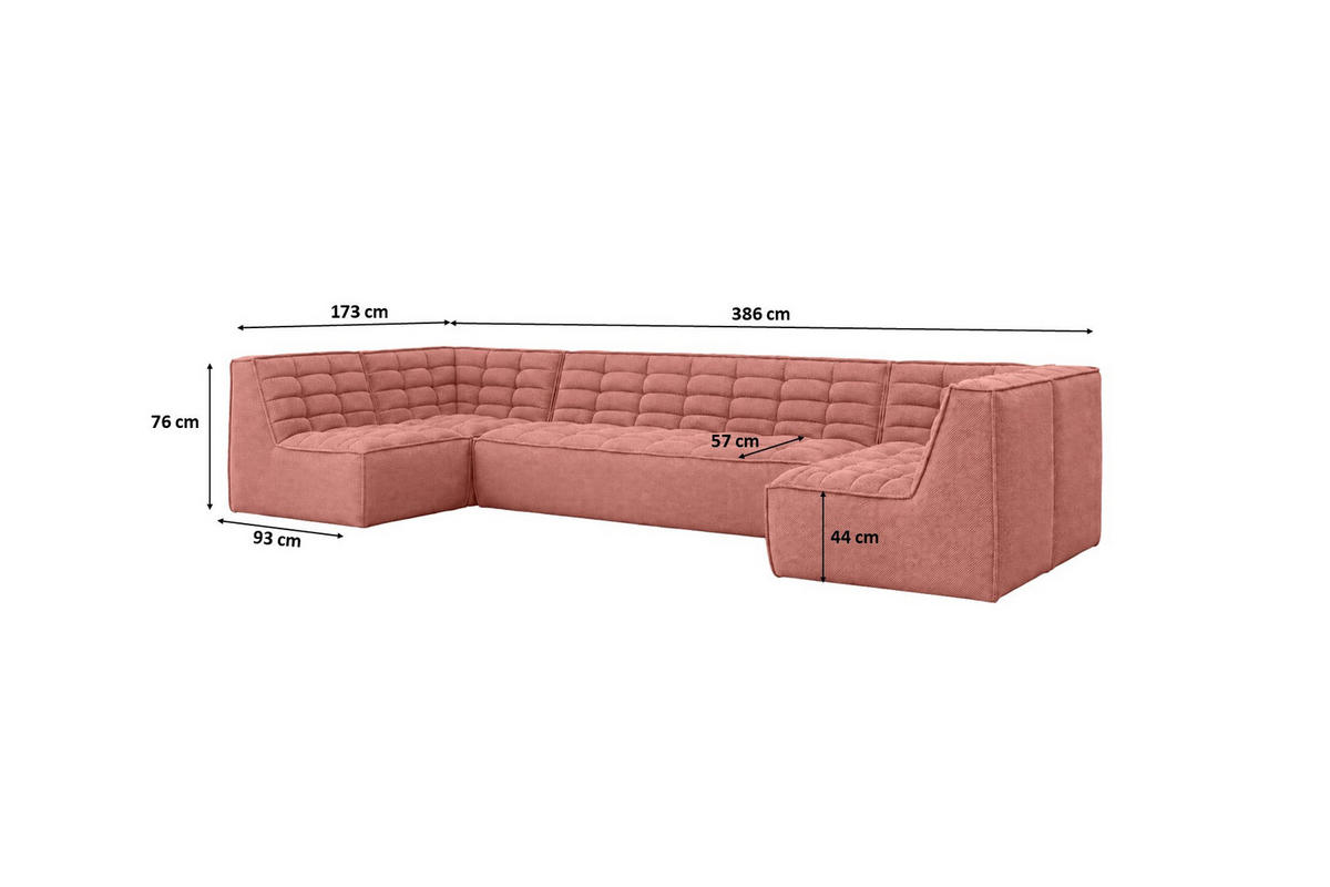 ROHOVÁ SEDAČKA modulární ve tvaru U, plyšová tkanina Pop, Růžová, LAZY U Medium - růžová, dřevo (386/76/173cm) - Kaiser Möbel