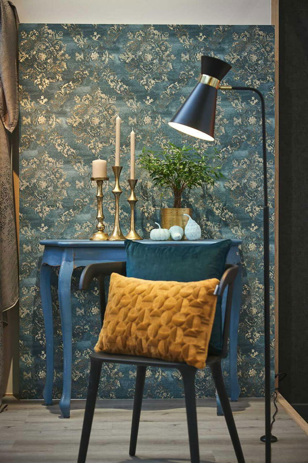 VLIESTAPETEN Barock Petrol Gold – Edles Ornament & Vinyl-Struktur - Goldfarben/Petrol, Papier (530/10050cm) - Livingwalls