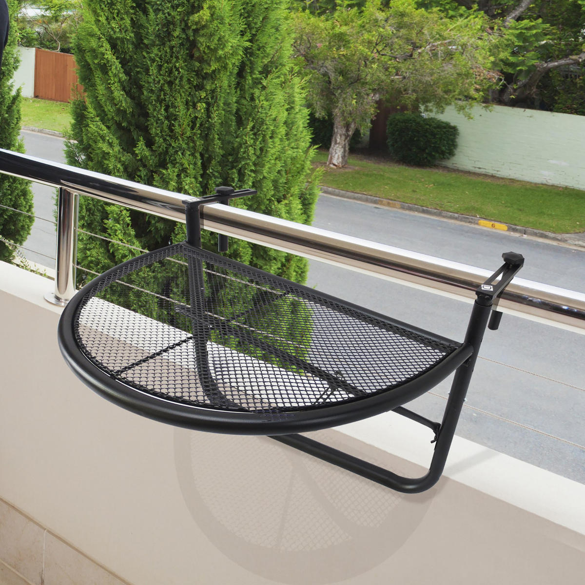 BALKONHÄNGETISCH DE-07772 höhenverstellbar, halbrund, Gitterplatte Weiß - Schwarz, Metall (60/47/50cm) - ComfortXL