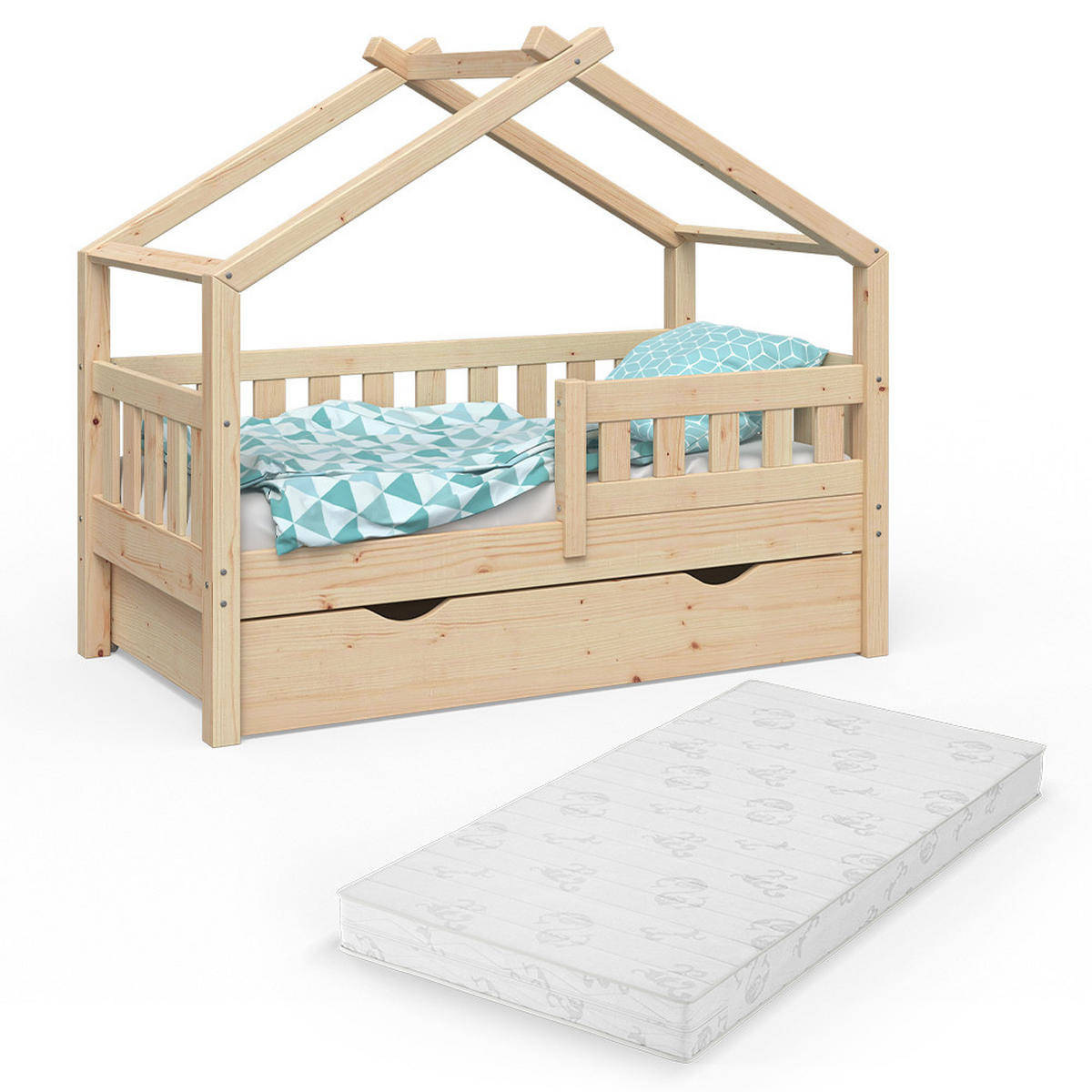 HAUSBETT Design Naturholz 70x140 cm mit Schublade und Matratze - Naturfarben, Holz (70/140cm) - VitaliSpa