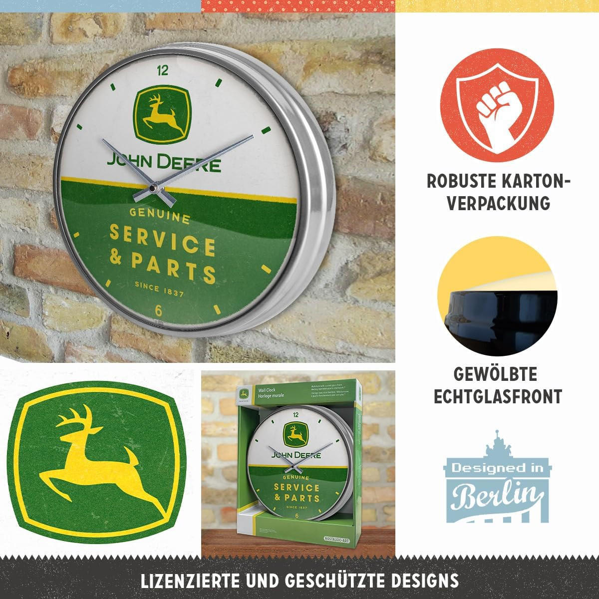WANDUHR 31 cm John Deere Service & Parts - Weiß/Grün, Metall (31/31/5cm) - Nostalgic-Art